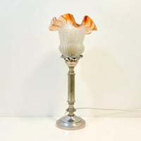 Image 1 of Lampe de chevet ancienne métal chromé et opaline tulipe bicolore - 1930