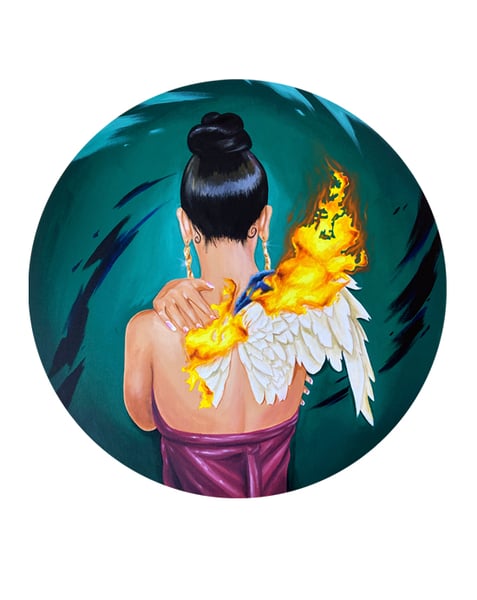 Image of Her Confidence, All Ablaze (Round Acrylic Painting)