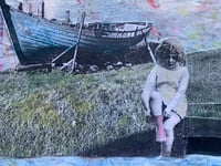 Image 2 of original mixed media collage painting on paper vintage child and boat