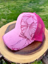 Hand Burned Pink Suede Bows Trucker Hat