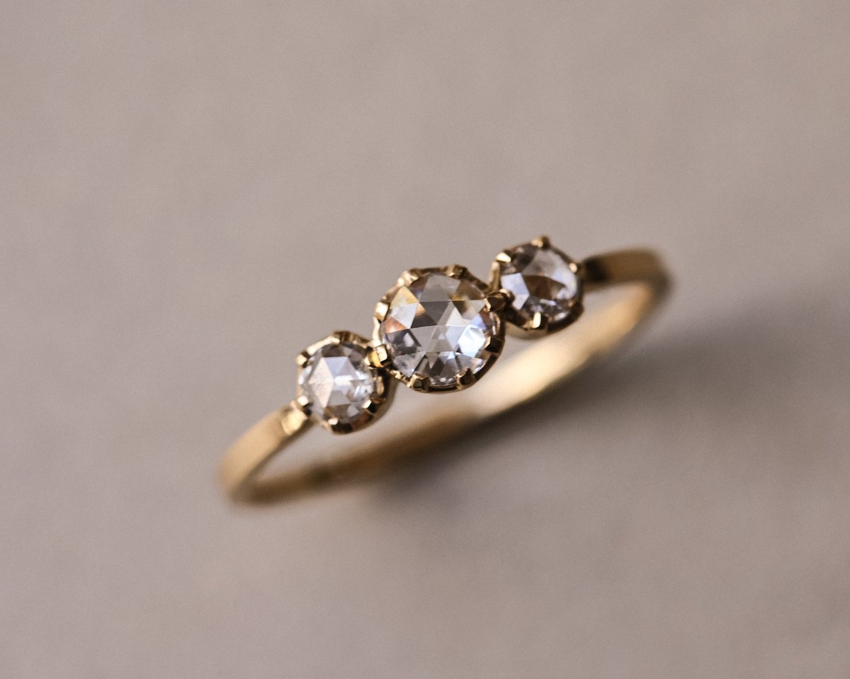 Image of 18ct yellow gold. rose-cut White Diamond Trilogy ring (LON226)