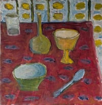 Image 1 of Red Tablecloth, 2025. Oil on linen. 16 x 16 inches. Unframed.