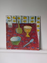 Image 2 of Red Tablecloth, 2025. Oil on linen. 16 x 16 inches. Unframed.