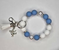 Blue and white Beaded wristlet keychain with snowman charm 
