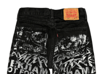 Image 3 of Levi's 505 Y2K heavy metal screen print upcycled black denim jeans 