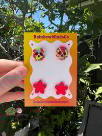 Tropical Afterlife Polymer Clay Studs- Neon Skull and Pink Flower Studs