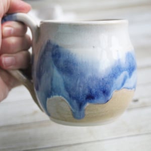 Image of Handmade Pottery Mug with Dripping Blue and White Glazes, 14 Ounce Coffee Cup