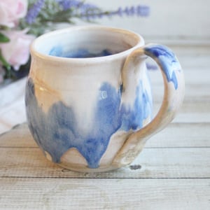 Image of Handmade Pottery Mug with Dripping Blue and White Glazes, 14 Ounce Coffee Cup