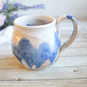 Image of Handmade Pottery Mug with Dripping Blue and White Glazes, 14 Ounce Coffee Cup