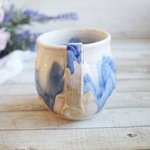 Image of Handmade Pottery Mug with Dripping Blue and White Glazes, 14 Ounce Coffee Cup