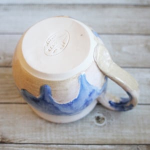 Image of Handmade Pottery Mug with Dripping Blue and White Glazes, 14 Ounce Coffee Cup