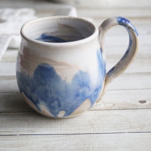 Image of Handmade Pottery Mug with Dripping Blue and White Glazes, 14 Ounce Coffee Cup