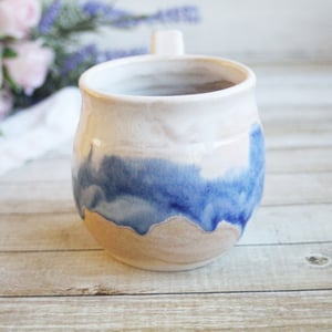 Image of Handmade Pottery Mug with Dripping Blue and White Glazes, 14 Ounce Coffee Cup
