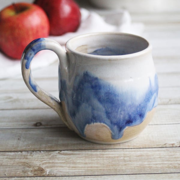 Image of Handmade Pottery Mug with Dripping Blue and White Glazes, 14 Ounce Coffee Cup