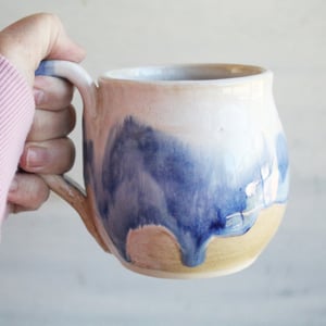 Image of Handmade Pottery Mug with Dripping Blue and White Glazes, 14 Ounce Coffee Cup