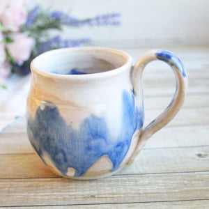 Image of Handmade Pottery Mug with Dripping Blue and White Glazes, 14 Ounce Coffee Cup