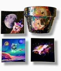 Image 1 of Cats in Space - Intercatlactic Universe of Sparkle and Dreams - Upcycled Terra Cotta Pot w/Stickers