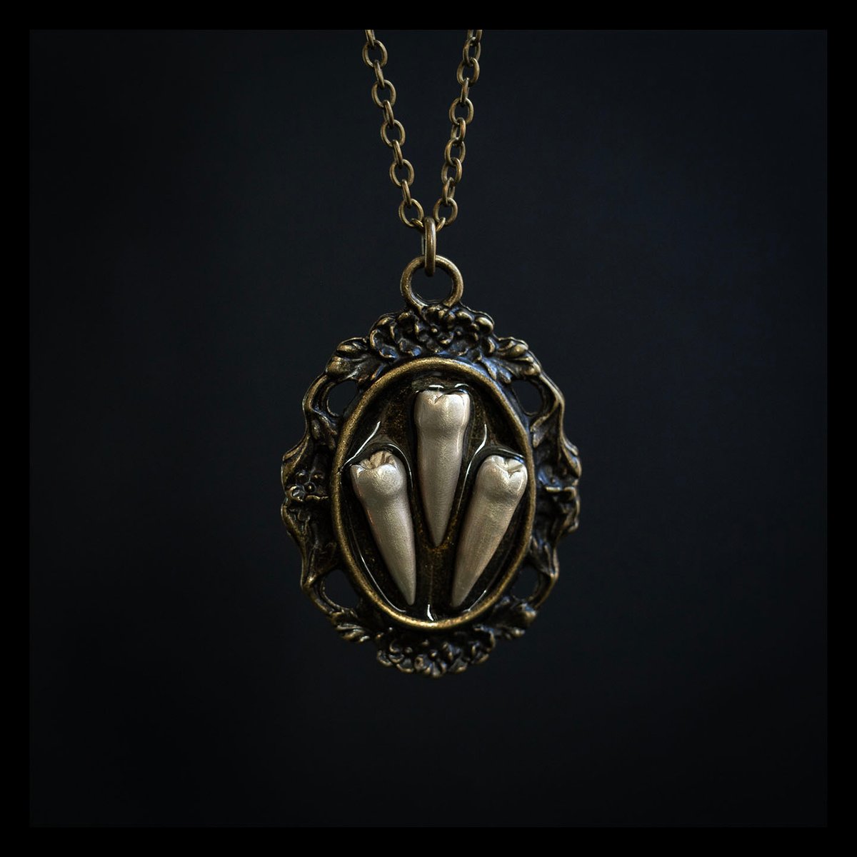 Tooth cameo pendant necklace - soft gold triple premolars