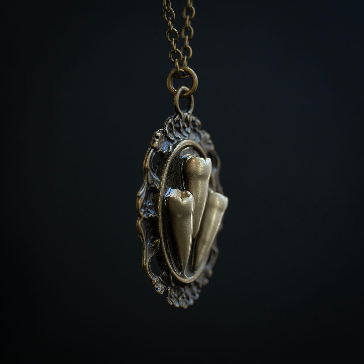 Tooth cameo pendant necklace - soft gold triple premolars