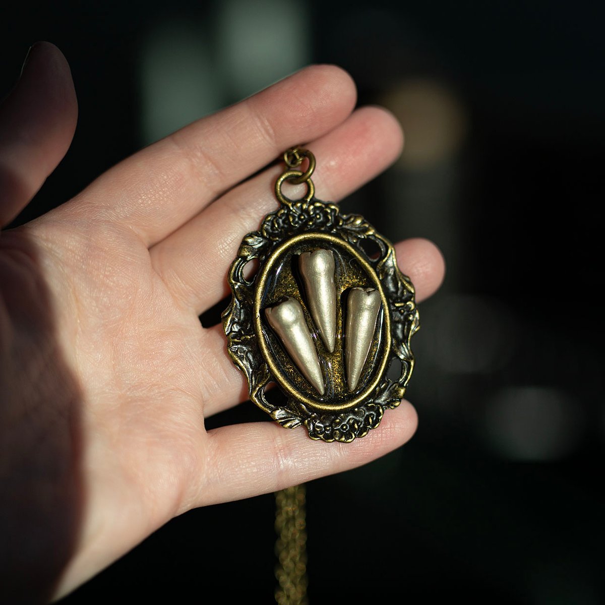 Tooth cameo pendant necklace - soft gold triple premolars