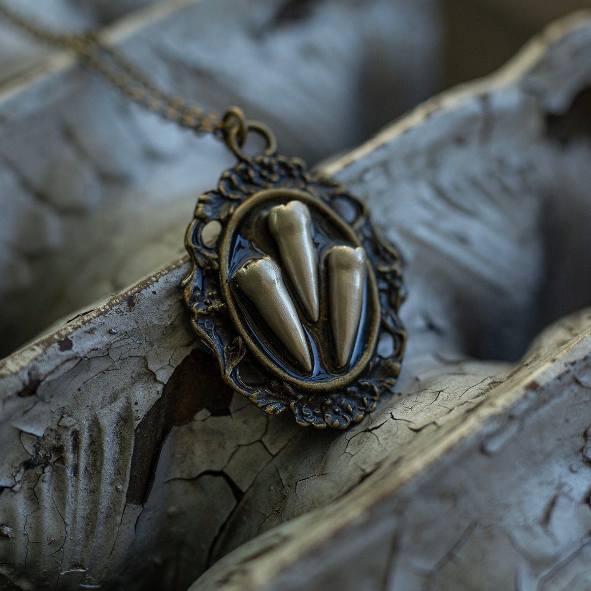 Tooth cameo pendant necklace - soft gold triple premolars