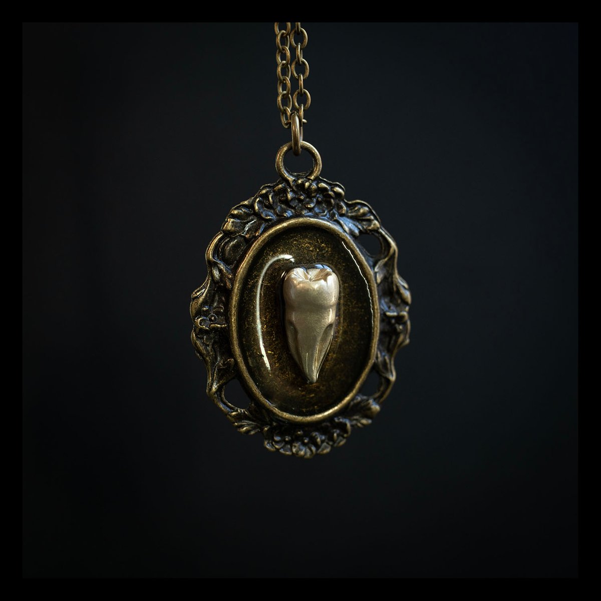 Tooth cameo pendant - soft gold fused 3-root molar