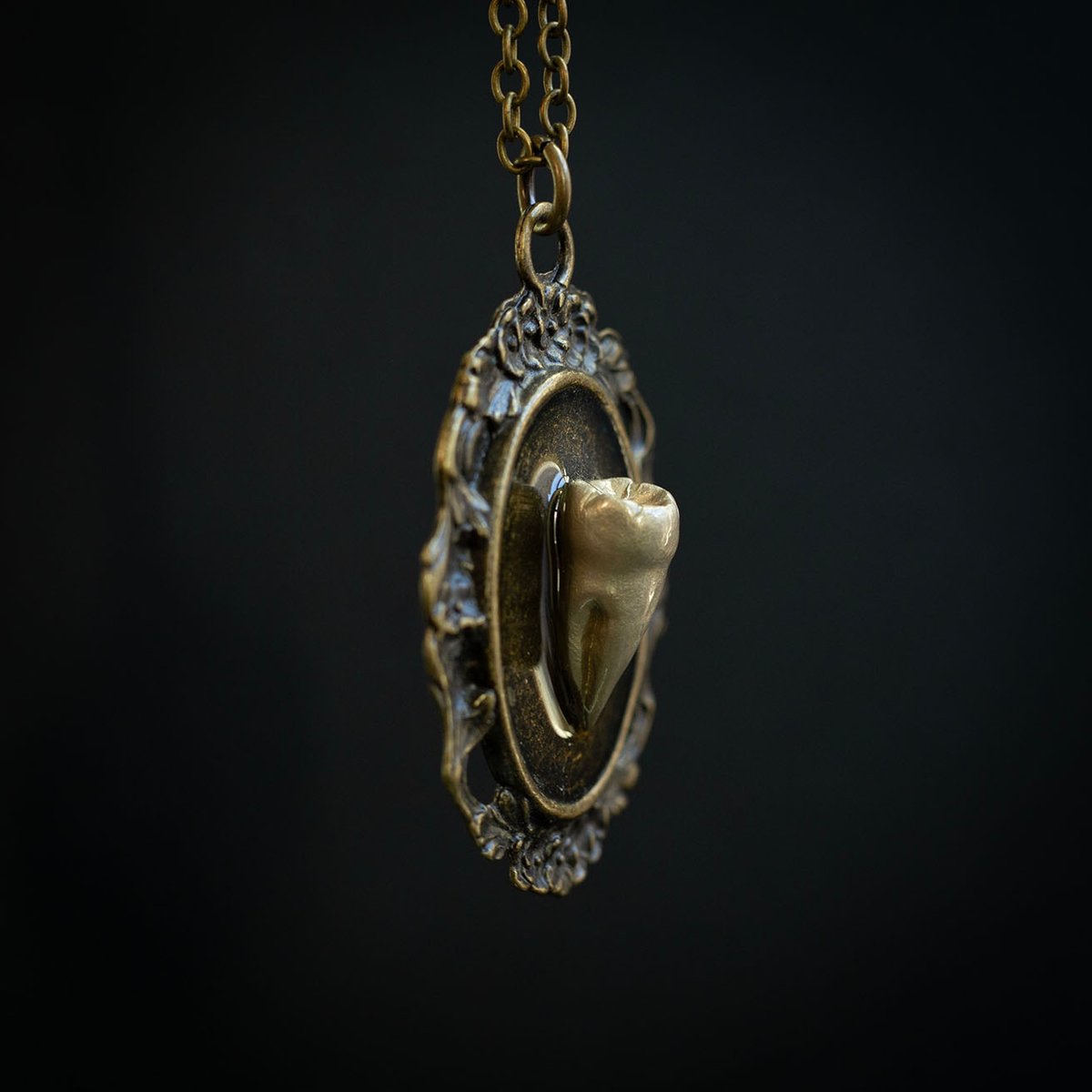 Tooth cameo pendant - soft gold fused 3-root molar