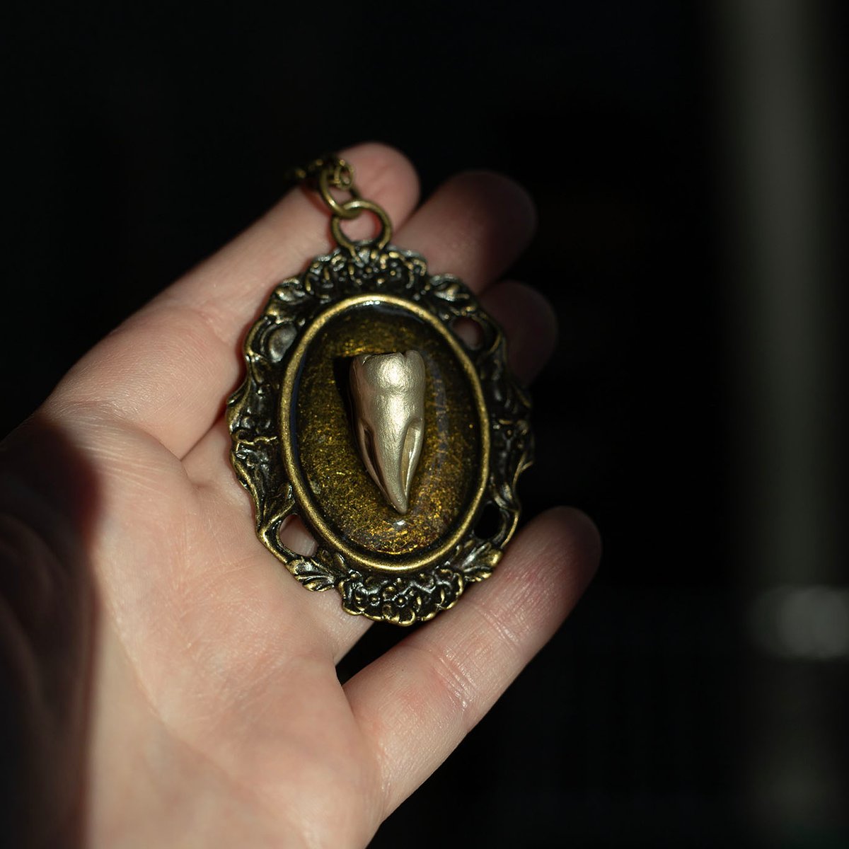 Tooth cameo pendant - soft gold fused 3-root molar
