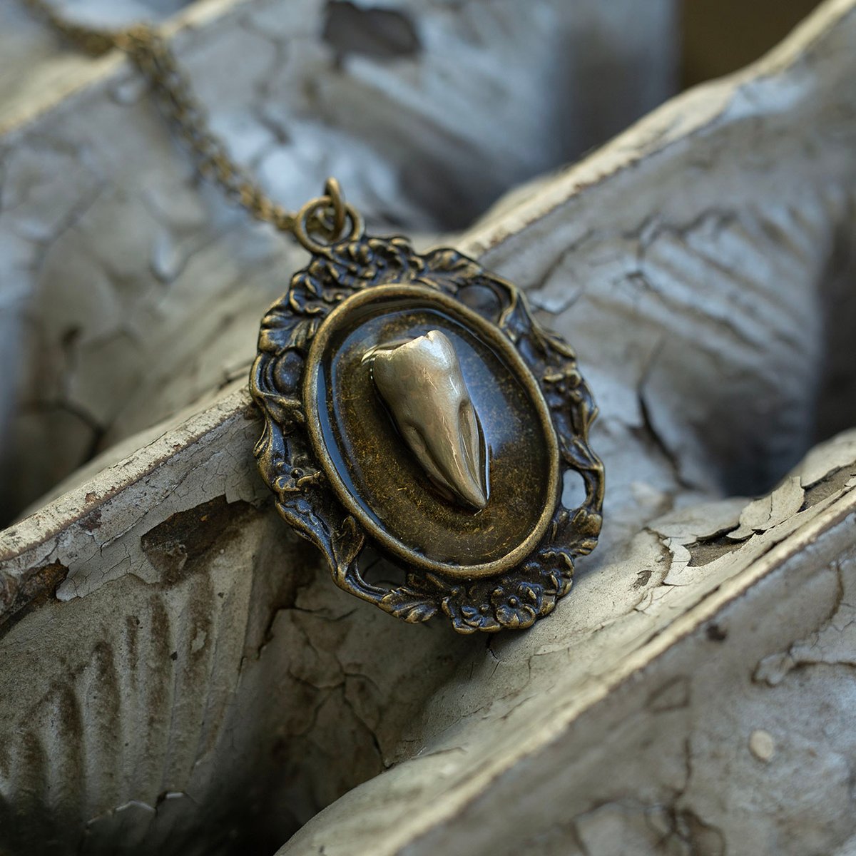 Tooth cameo pendant - soft gold fused 3-root molar