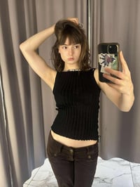 Image 2 of Merino wool black  boat neck top with Pearl buttons in front 