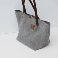 Image 5 of 3-Panel hand-held Tote in grayish blue textured suede