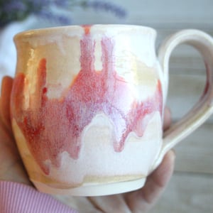 Image of Raspberry and Cream Glazed Pottery Mug, 13 Ounce Coffee Cup, Handcrafted Made in USA