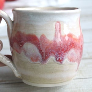 Image of Raspberry and Cream Glazed Pottery Mug, 13 Ounce Coffee Cup, Handcrafted Made in USA