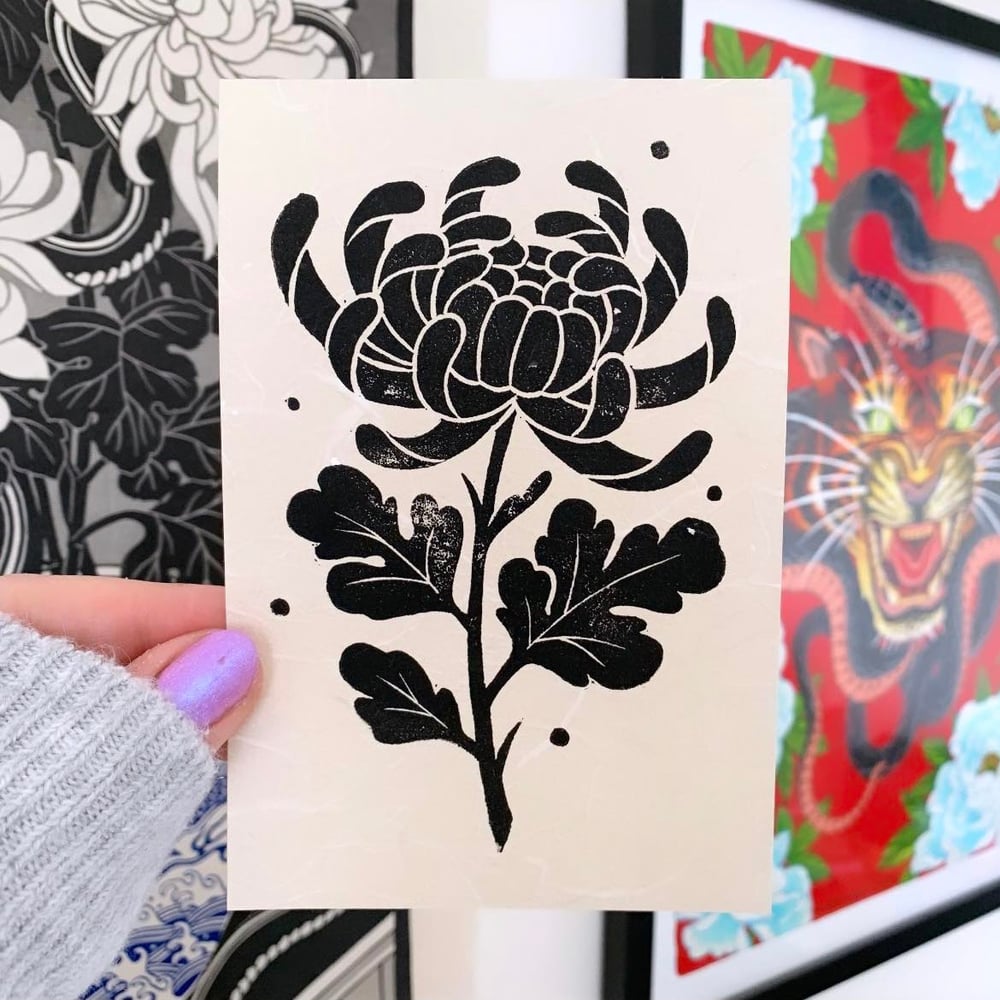 Image of Chrysanthemum Flower  Linocut PRINT
