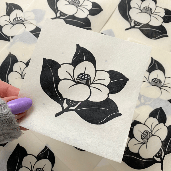 Image of MINI Camellia Flower and Silver Details Linocut PRINT