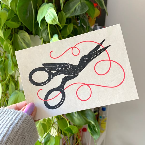 Image of Stork Scissors and Thread Linocut Block PRINT