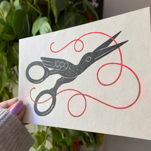 Image of Stork Scissors and Thread Linocut Block PRINT
