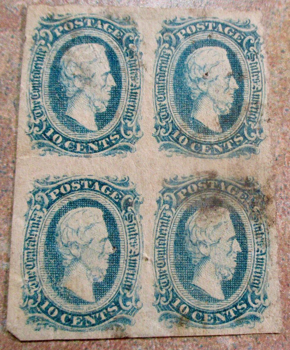 #212-CIVIL WAR SALE: UNUSED BLOCK OF 4 CONFEDERATE 10-CENT STAMPS