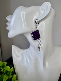 Image 3 of Miniature book and keys dangle earrings; Black or purple