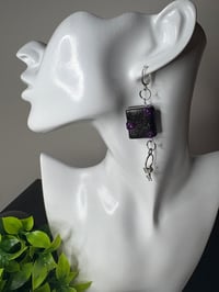 Image 4 of Miniature book and keys dangle earrings; Black or purple