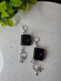 Image 2 of Miniature book and keys dangle earrings; Black or purple