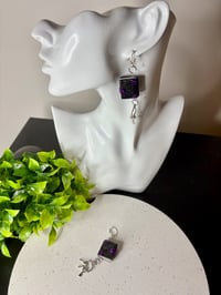 Image 6 of Miniature book and keys dangle earrings; Black or purple