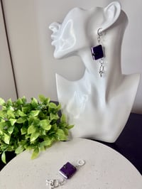 Image 5 of Miniature book and keys dangle earrings; Black or purple