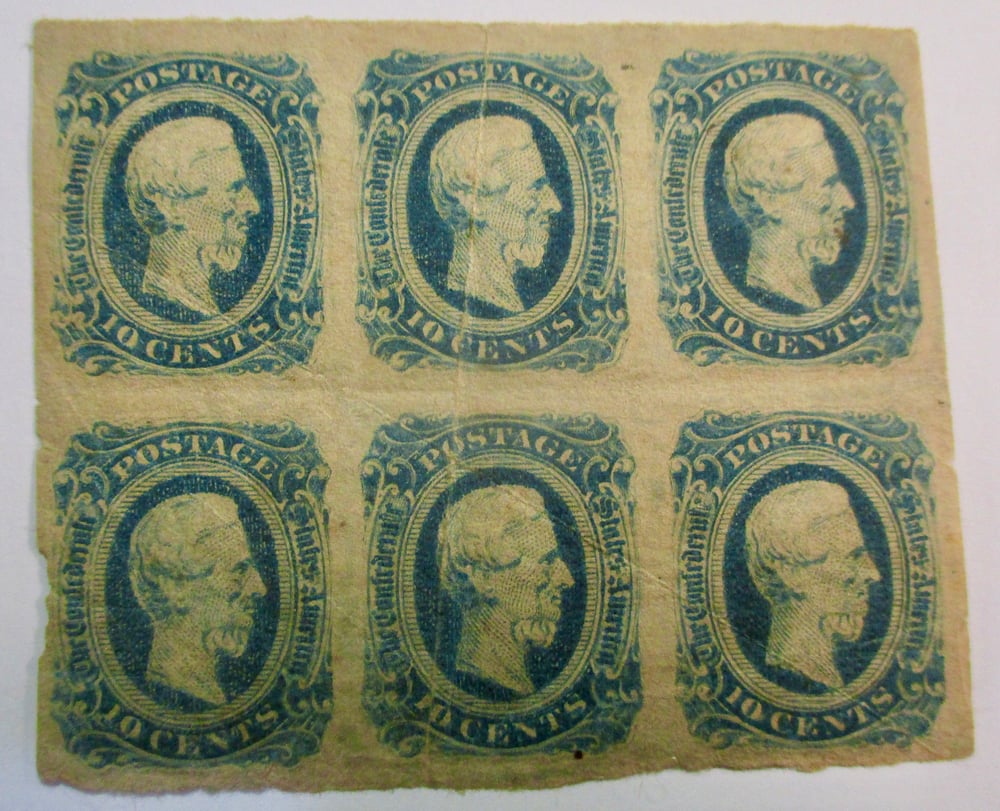 #207-CIVIL WAR SALE--6-STAMP BLOCK OF CONFEDERATE STAMPS WITH ORIGINAL GUM