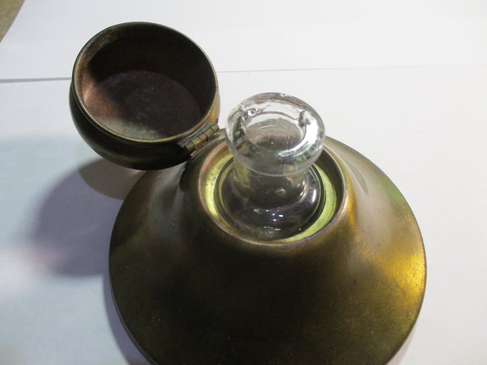 #204-CIVIL WAR SALE: RARE & UNUSUAL BRASS DESK PIECE WITH GLASS INK WELL INSIDE
