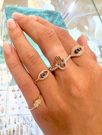 Image 3 of 14k solid gold diamond & sapphire evil eye ring