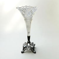 Image 2 of Vase cornet à tulipe Art Nouveau en verre et métal étain motif floral - vase ancien