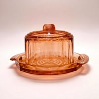 Image 1 of Plateau et cloche vintage Art Déco en verre rose rosaline - Gâteau ou fromage