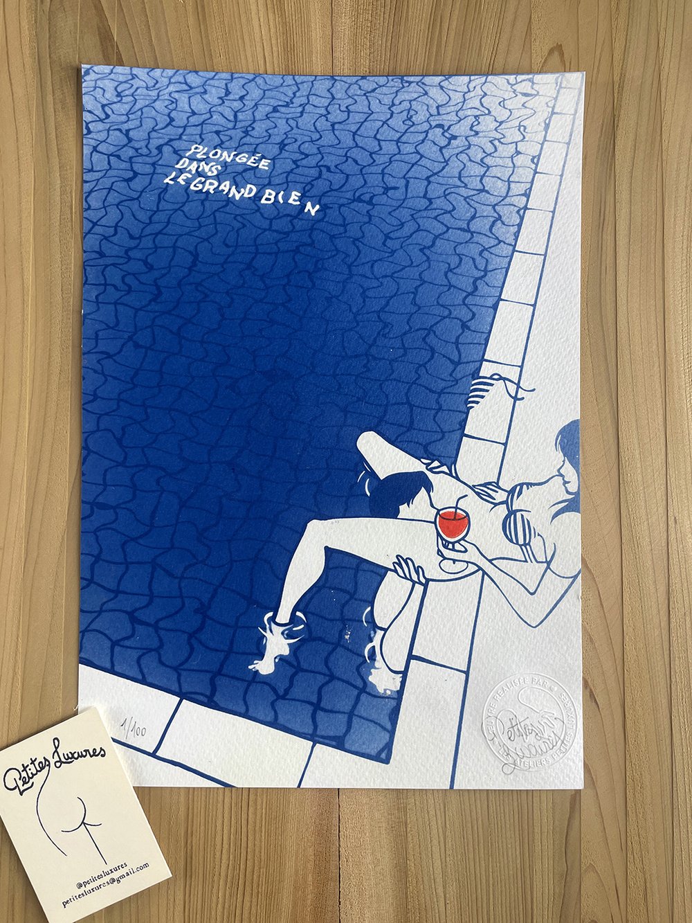 Image of "Plongée dans le grand bien" handmade cyanotype & woodcut art print
