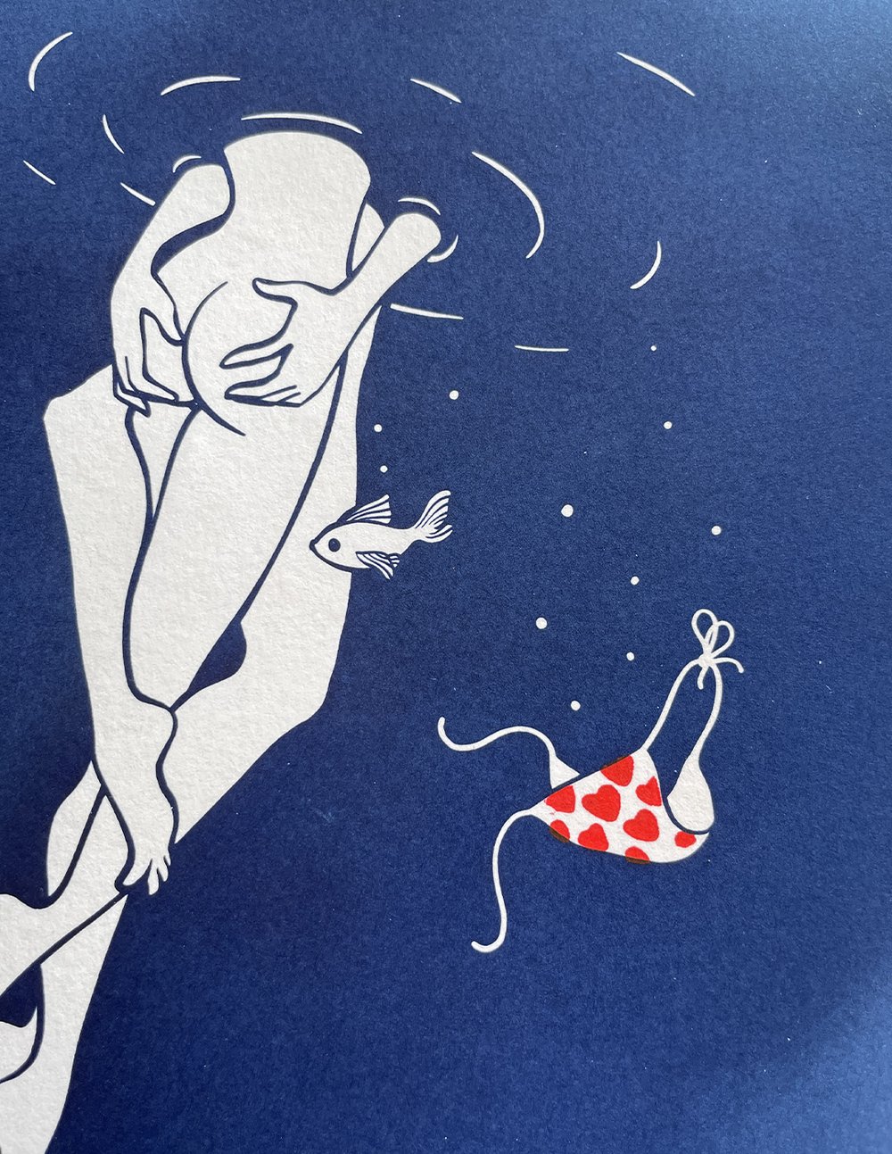 Image of "Sous l'eau séant" handmade cyanotype & woodcut art print